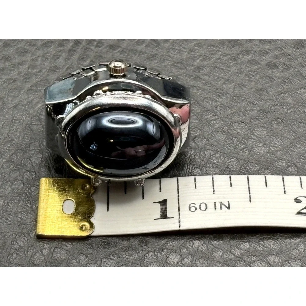 Bozhi Black Oval Resin Cabochon Watch Ring Adjustable Band NEEDS BATTERY